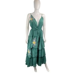 Anouk Grewal Green Maxi Dress‎ Embroidered Lemon Tiered Sleeveless Medium